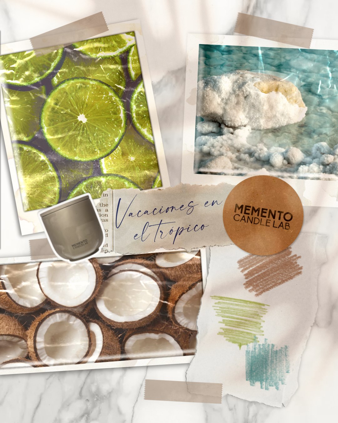 Cada aroma empieza con una imagen 🖼️Vacaciones en el trópico nació del contraste entre lo jugoso 🍈 y lo cremoso 🥥, lo salado 🧂 y lo dulce.Una postal aromática en tres notas.Trabajamos con una paleta que respira luz ✨: verdes vibrantes 🌿, marrones cálidos 🪵 y azules cristalinos 🌊.Un recuerdo que huele a sol y a escapada ☀️🌴#MementoCandleLab #ProcesoCreativo #VelasArtesanales #Moodboard #PaletaDeColores #InspiraciónTropical #VelasConHistoria #DiseñoSensorial #AromasQueCuentan #CandleDesign #VelasVeganas #CandleLovers #DecoraciónEmocional #ArteEnVela #EstéticaSensorial